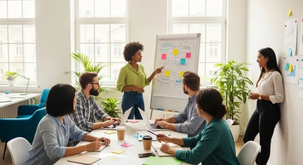 Équipe réunie autour d'un paperboard lors d'une réunion de travail