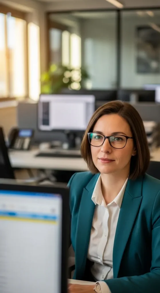 Élue de CSE travaillant sur son ordinateur dans un bureau en open space